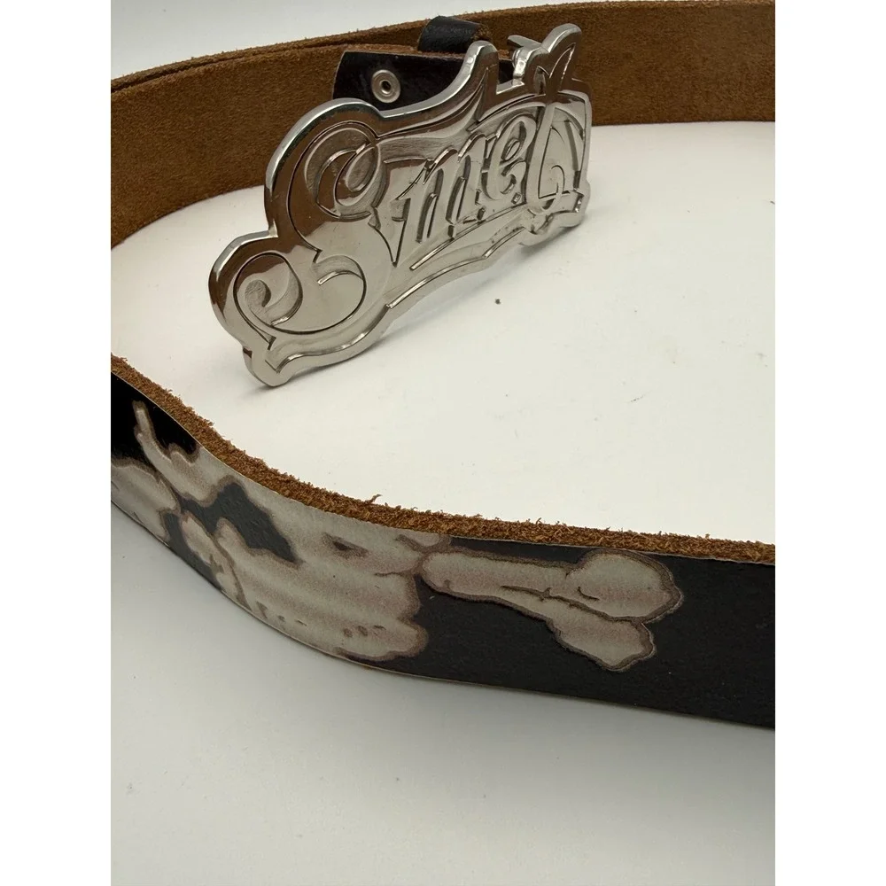 Smet Christian Audigier Leather Belt Skull Crossbones Studded Silver Buckle L